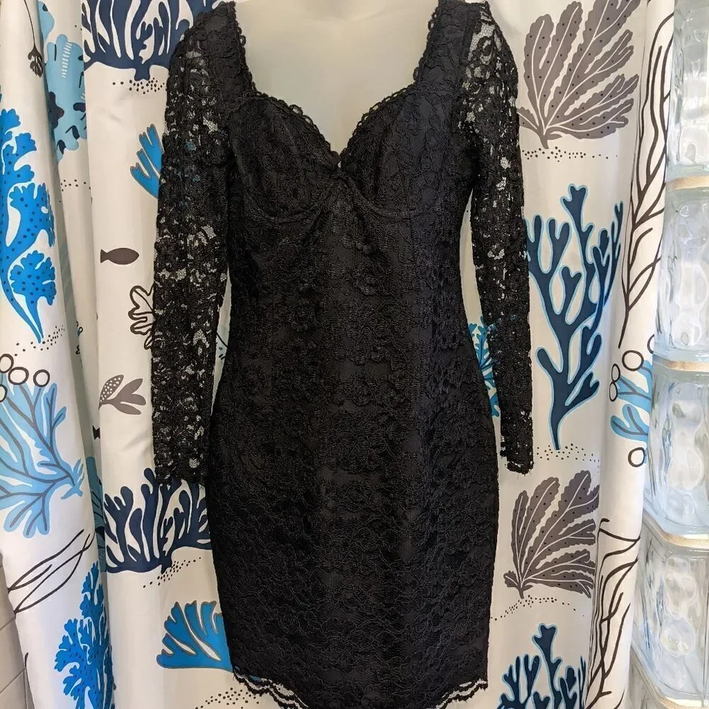 VTG 90s Black Lace Cocktail Mini Dress by Moda International Size 6 - Picture 1 of 16